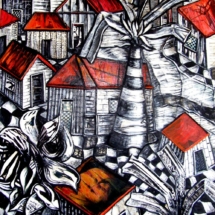 ''Red Roofs with Palm Tree'', Mixed media on canvas, 48X30 in